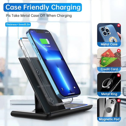 18W Fast Wireless Charging Station for iPhone 16/15/14/13/12/11/Pro Max/Plus, 3-in-1 Stand for Apple Watch Series SE 10/9/8/7/6/5/4/3 and AirPods Pro/3/2 (Includes QC3.0 Adapter)