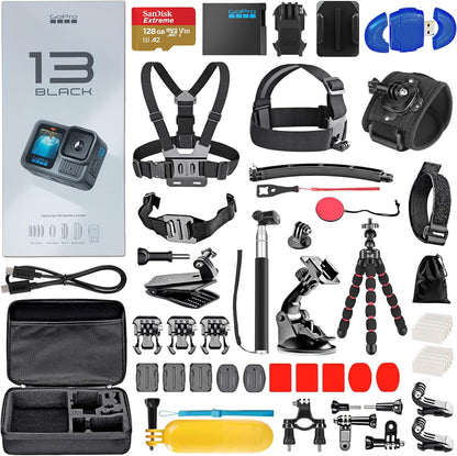 HERO13-50 Piece Accessory Kit - Bundle, Waterproof Action Camera with 5.3K, 27MP Photos, Live Streaming, Webcam, Stabilization + 128GB Card, Card Reader