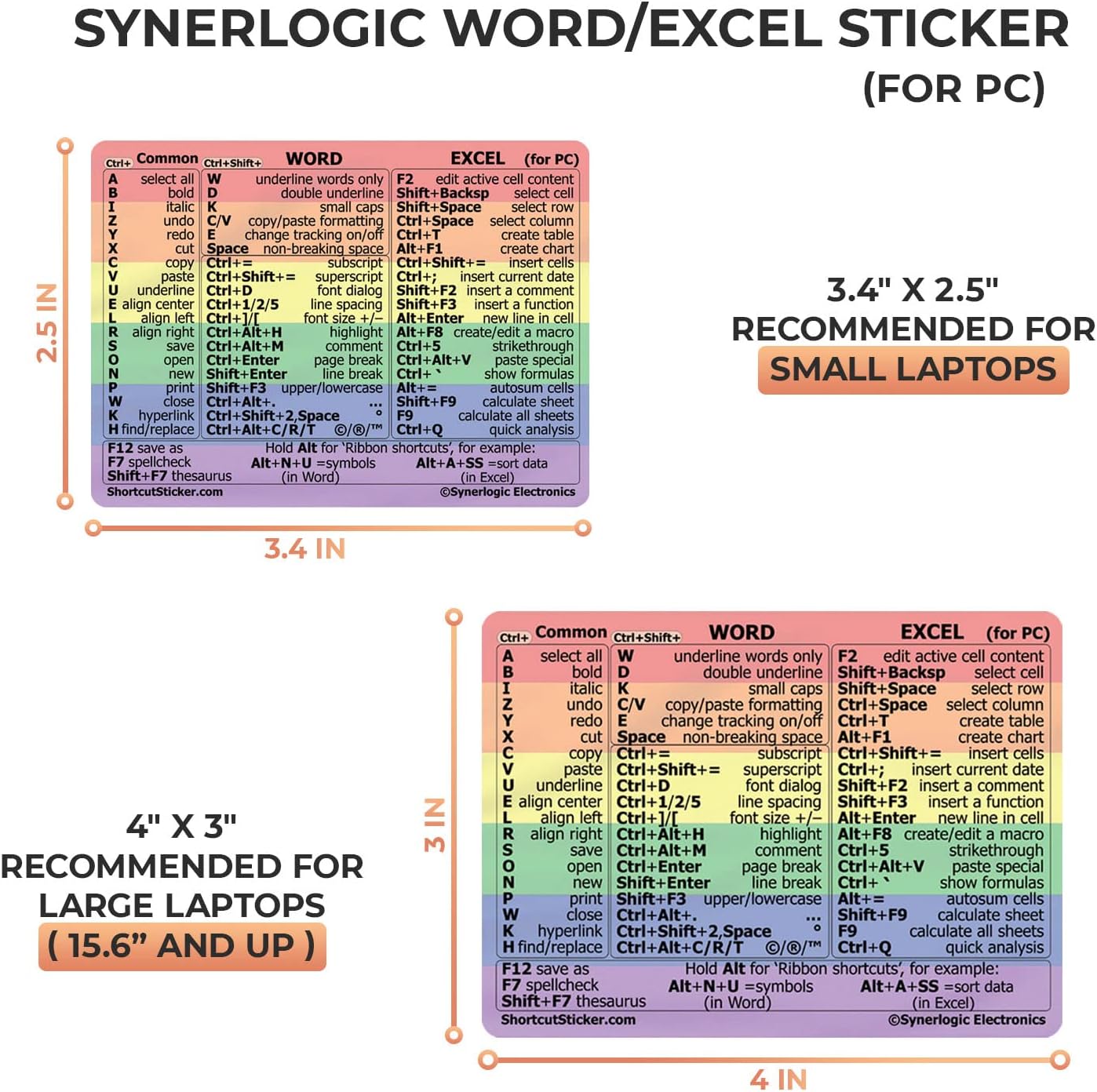 Word/Excel Windows Shortcut Sticker | Reference Guide Keyboard Shortcut Sticker | Work from Home Essentials | Excel Shortcuts Cheat Sheet Laminated No-Residue Vinyl (Rainbow/Small, 1Pc)