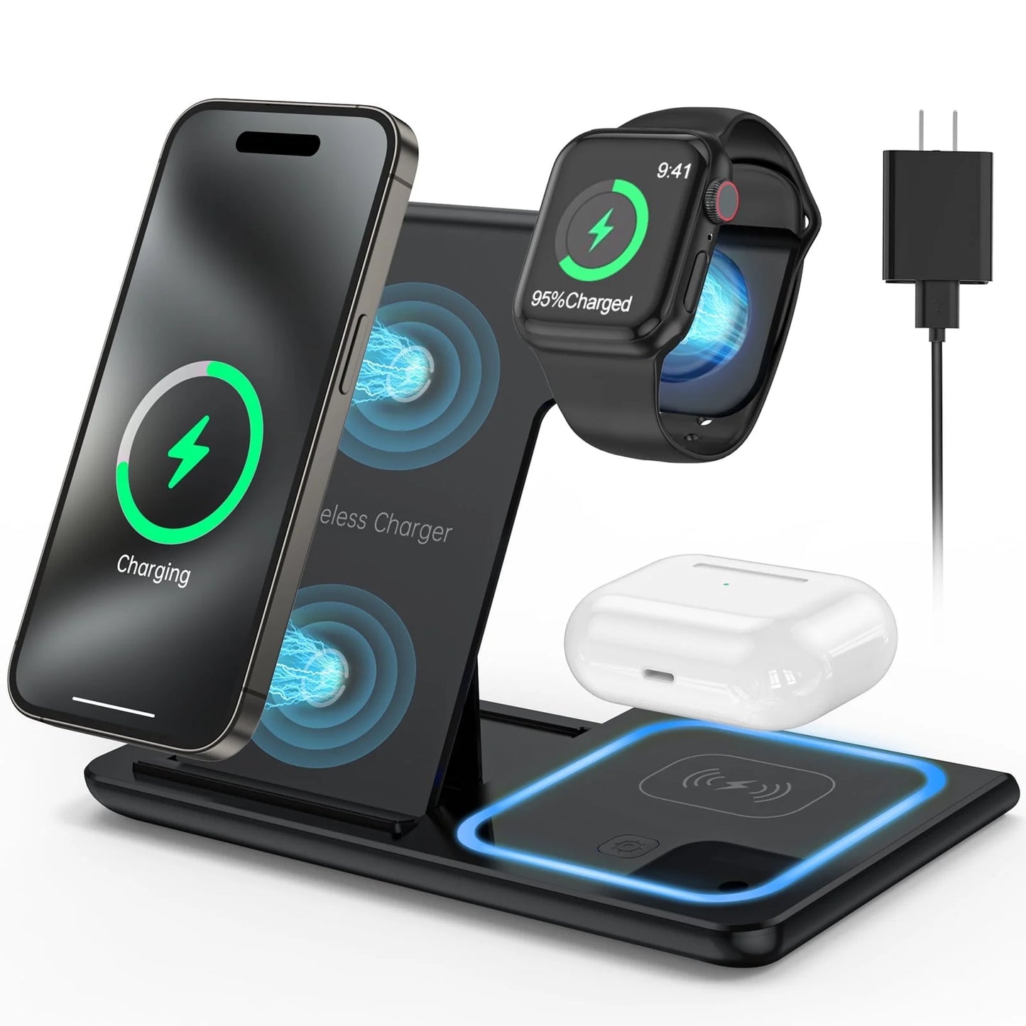 18W Fast Wireless Charging Station for iPhone 16/15/14/13/12/11/Pro Max/Plus, 3-in-1 Stand for Apple Watch Series SE 10/9/8/7/6/5/4/3 and AirPods Pro/3/2 (Includes QC3.0 Adapter)