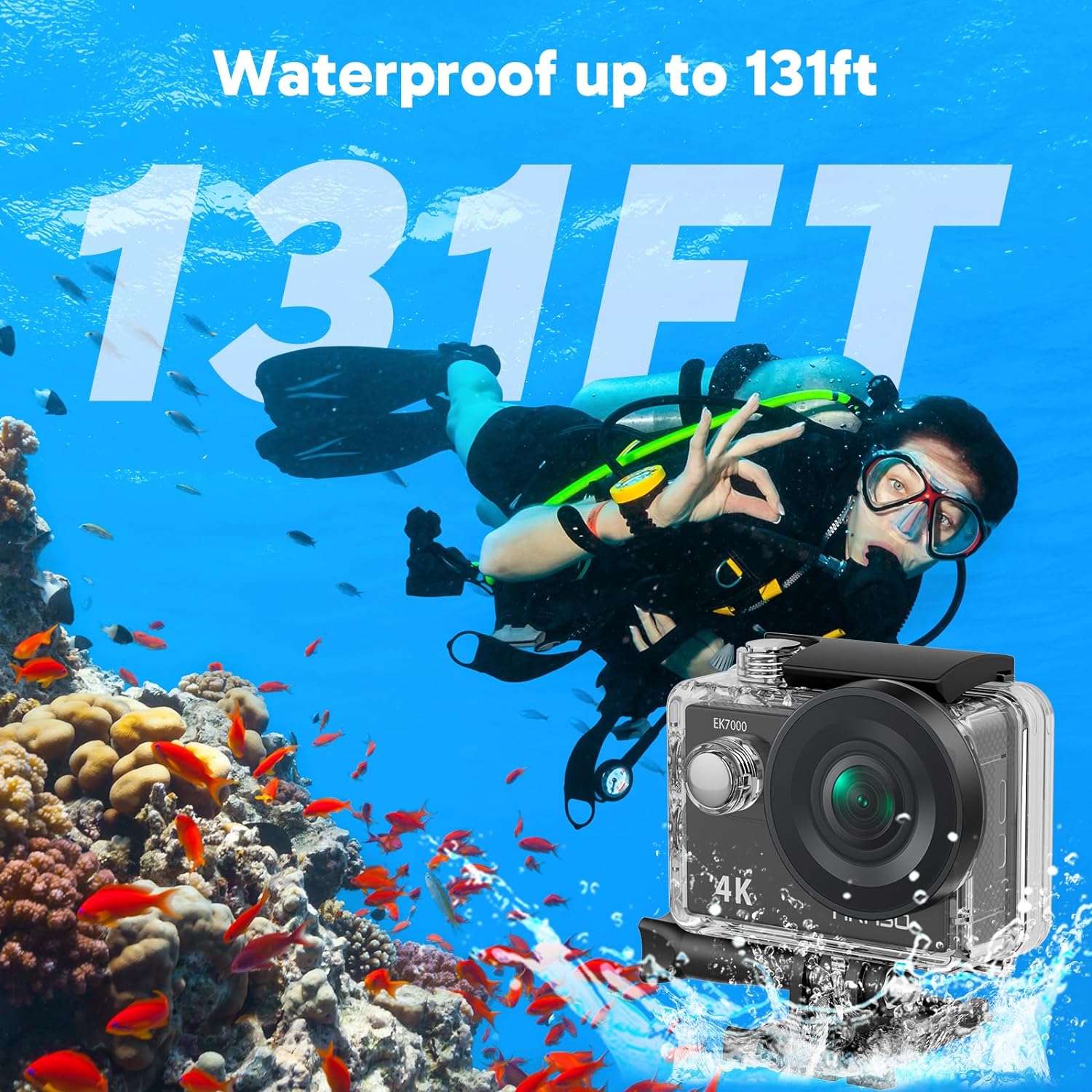 EK7000 4K30FPS 20MP Wifi Action Camera with EIS Ultra HD Underwater Camera 131FT Waterproof Camera Remote Control 4X Zoom in Photo Mode Support External Microphone Black