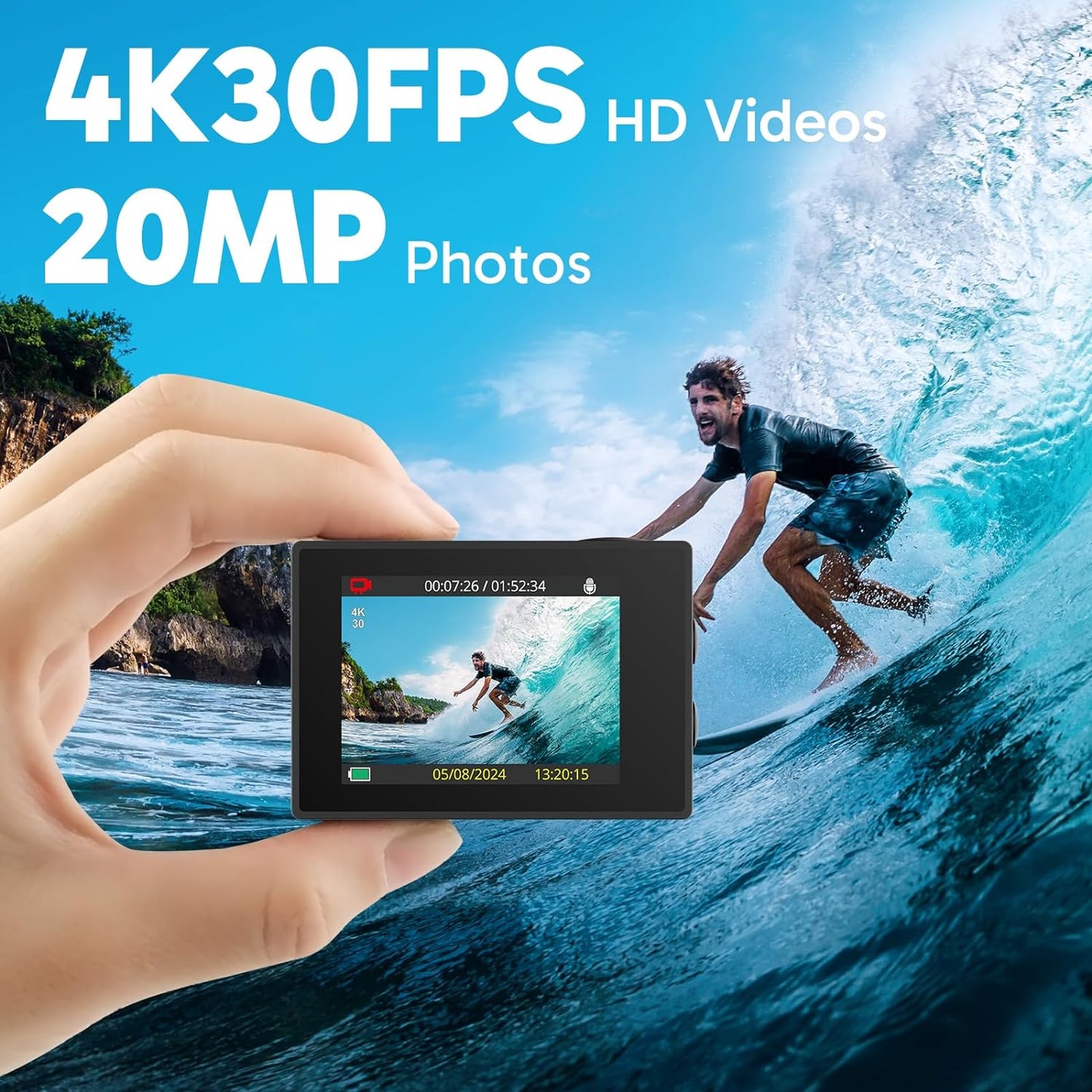 EK7000 4K30FPS 20MP Wifi Action Camera with EIS Ultra HD Underwater Camera 131FT Waterproof Camera Remote Control 4X Zoom in Photo Mode Support External Microphone Black