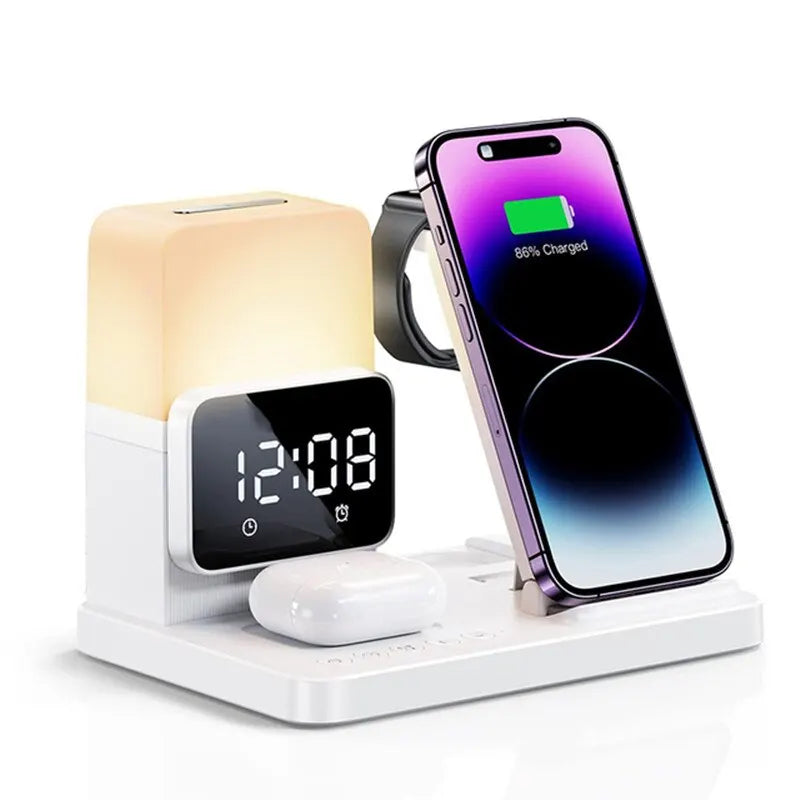 6 in 1 Wireless Charger Stand and Alarm Clock Lamp Foldable Fast Charging Dock Station for Iphone/watch/airpods