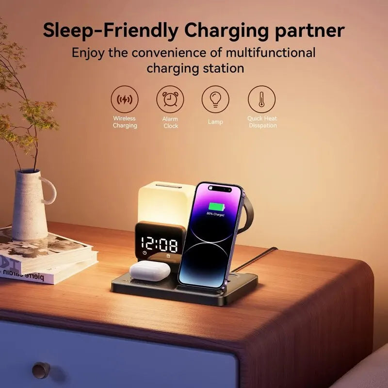 6 in 1 Wireless Charger Stand and Alarm Clock Lamp Foldable Fast Charging Dock Station for Iphone/watch/airpods