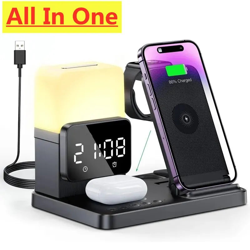 6 in 1 Wireless Charger Stand and Alarm Clock Lamp Foldable Fast Charging Dock Station for Iphone/watch/airpods