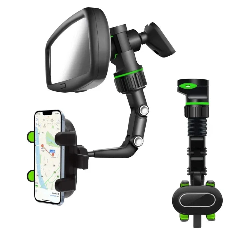 Rear View Mirror Car Phone Holder,360° Rotatable and Retractable Mobile Support, Fit All Iphone Android Mobile Phone & Most Car