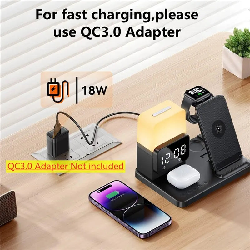 6 in 1 Wireless Charger Stand and Alarm Clock Lamp Foldable Fast Charging Dock Station for Iphone/watch/airpods