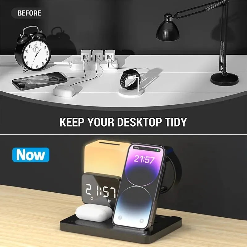 6 in 1 Wireless Charger Stand and Alarm Clock Lamp Foldable Fast Charging Dock Station for Iphone/watch/airpods