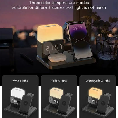 6 in 1 Wireless Charger Stand and Alarm Clock Lamp Foldable Fast Charging Dock Station for Iphone/watch/airpods