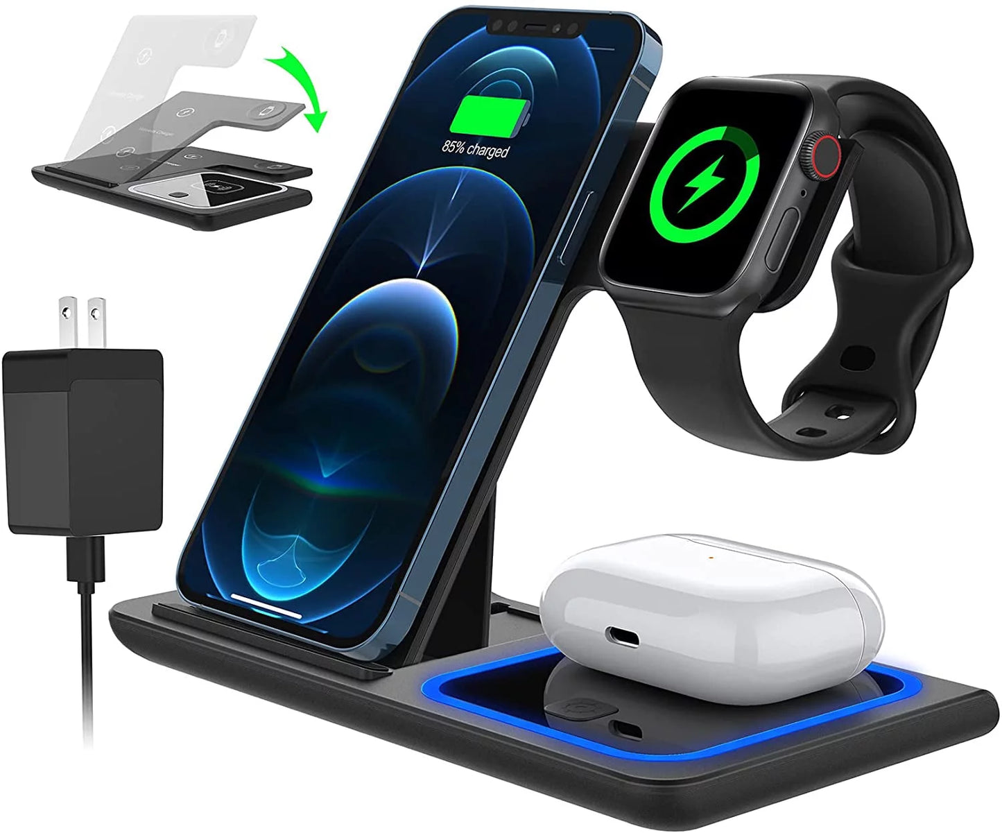 18W Fast Wireless Charging Station for iPhone 16/15/14/13/12/11/Pro Max/Plus, 3-in-1 Stand for Apple Watch Series SE 10/9/8/7/6/5/4/3 and AirPods Pro/3/2 (Includes QC3.0 Adapter)